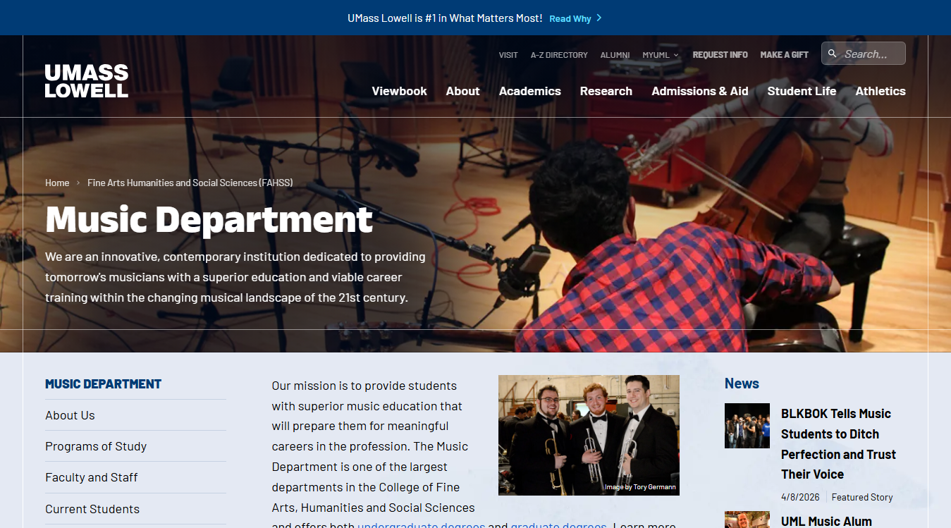 Website screenshot for UMass Lowell Music Department