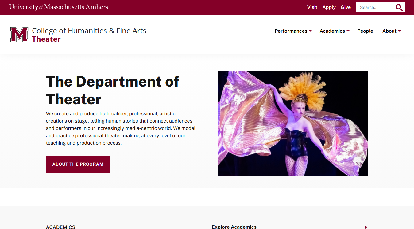 Website screenshot for University of Massachusetts Amherst
