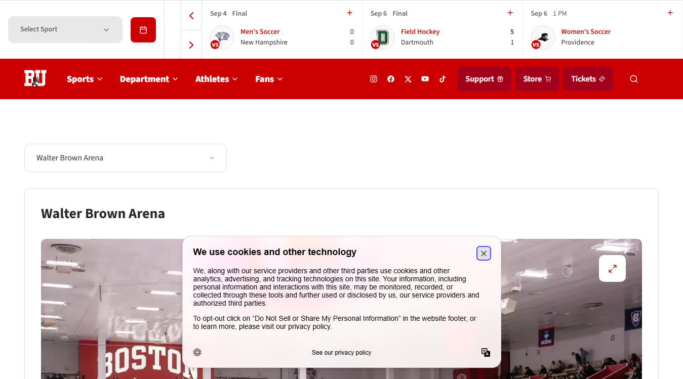 Website screenshot for Walter Brown Arena