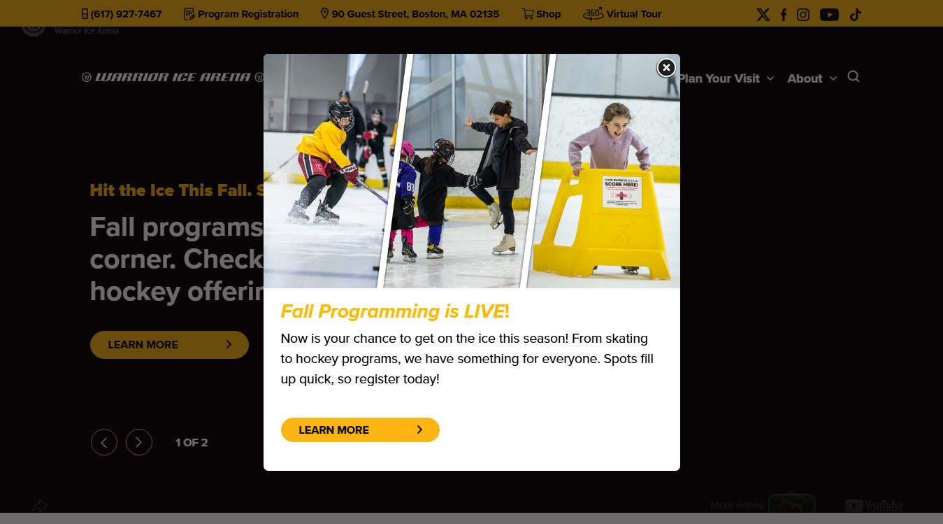 Website screenshot for Warrior Ice Arena