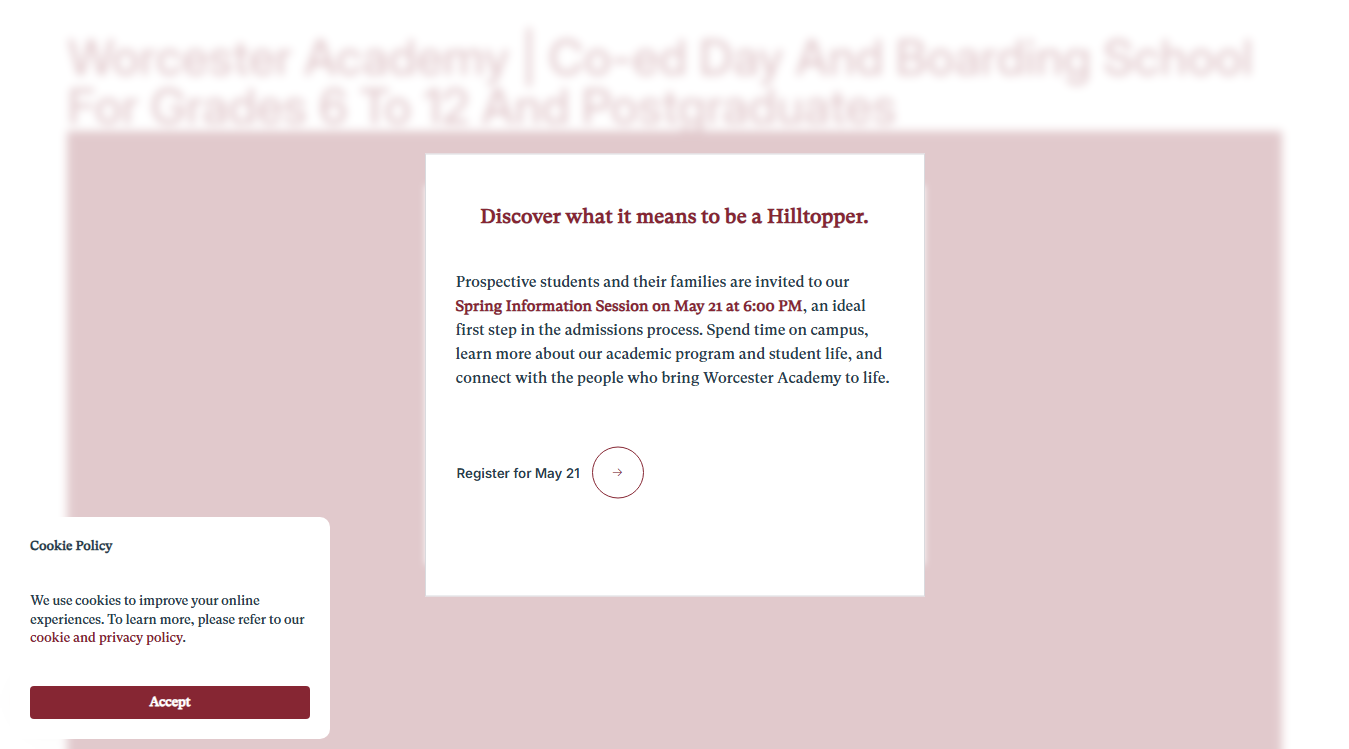 Website screenshot for Worcester Academy Performance Center